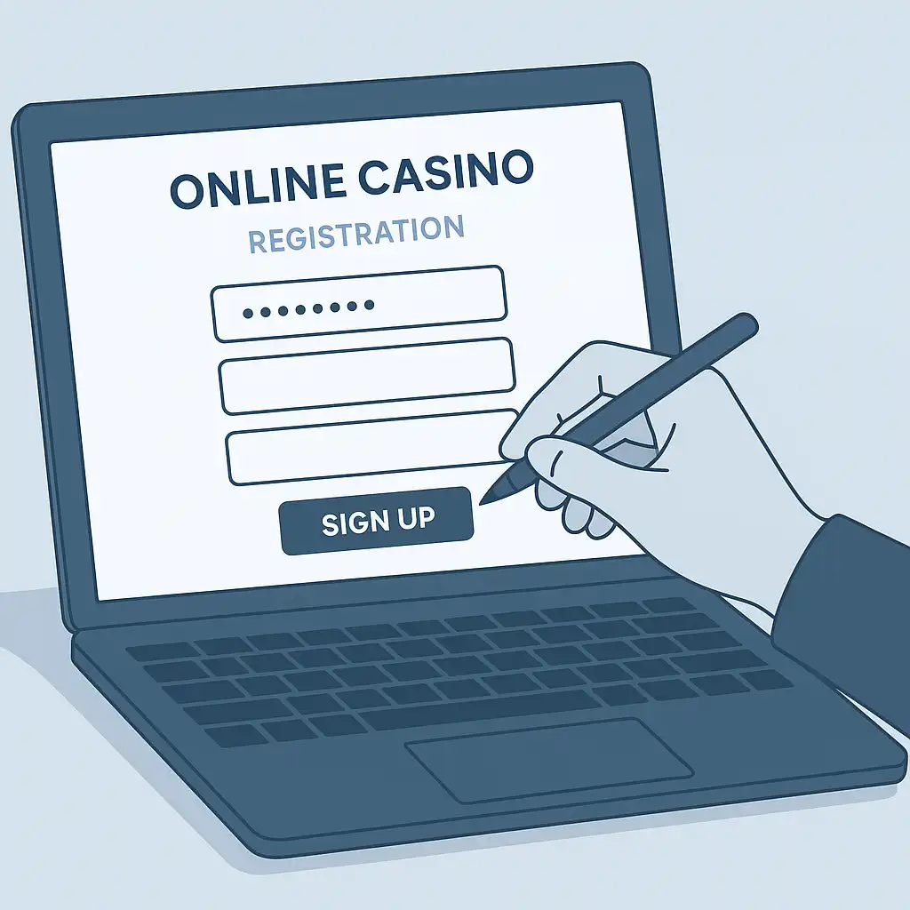 Illustration einer Hand, die ein Casino-Registrierungsformular auf einem Laptop ausfüllt